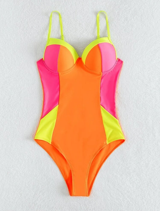 Color Block Push Up One Pc Swimsuit